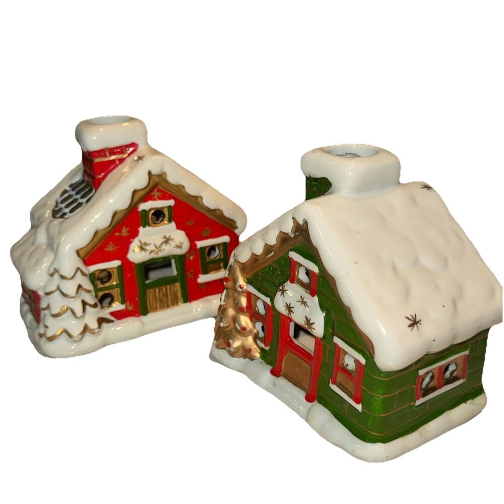 2 Vtg Christmas Tea Light Candle Holder Houses Ski Chalet Cabin Smoking Chimney